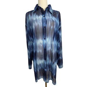 VTG Oscar De La Renta Tunic Shirt XL Sheer Blue Tie Dye ButtonUp Long Sleeve
